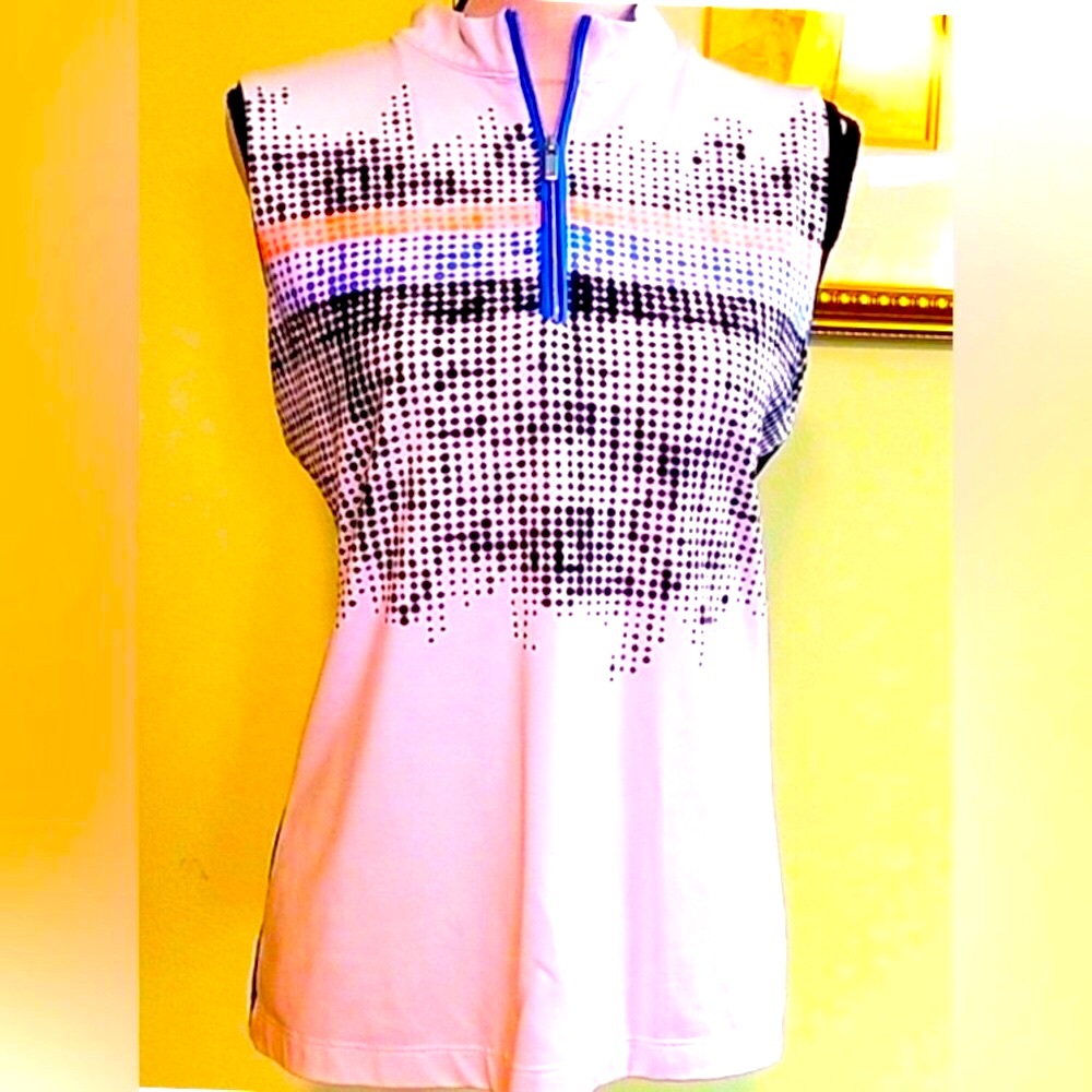 Sleeveless Zip Womens Top | Black Orange Blue Pattern | Large | Tail Brand